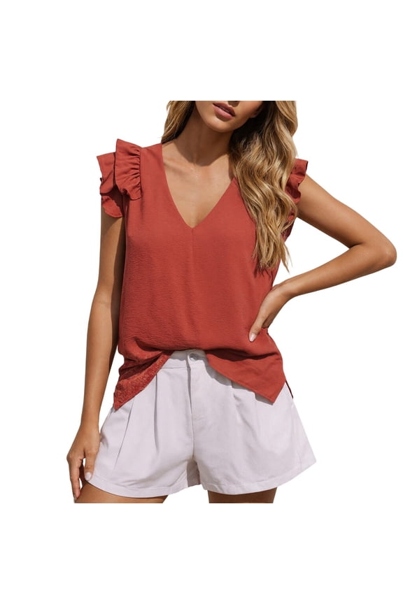 Womens Tank Tops Casual V Neck Flutter Sleeveless Blouse Summer Cropped Tank Top with Ruffle Womens Style Vest Summer Tops for Women Red L