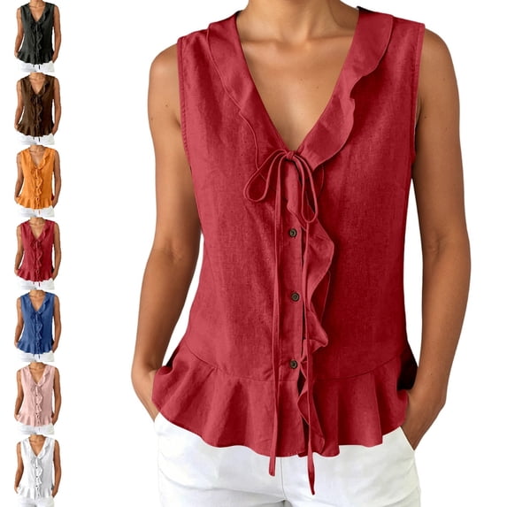 Fgnfyis Womens Tank Tops Sleeveless Ruffle Vest Casual Polished Summer Daily Summer Tank Tops for Women Red S
