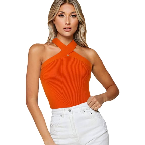 Fgnfyis Womens Tank Tops Solid Sleeveless Knit Backless Tee Shirt Top Summer Tops for Women Orange L