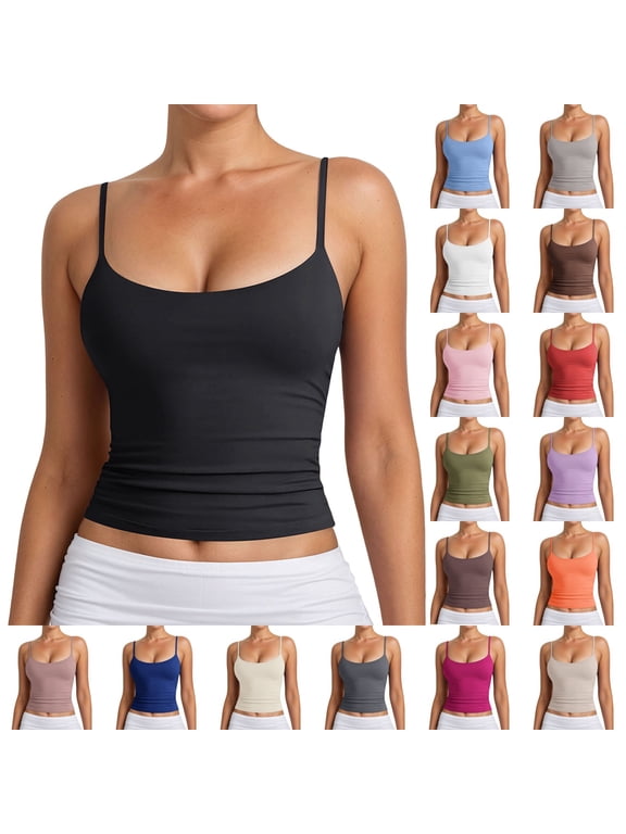 Womens Tops Basic Double Lined Neck Tank Tops Adjustable Tank Summer Sleeveless Tops Round Neck Women's Tank Tops Black S