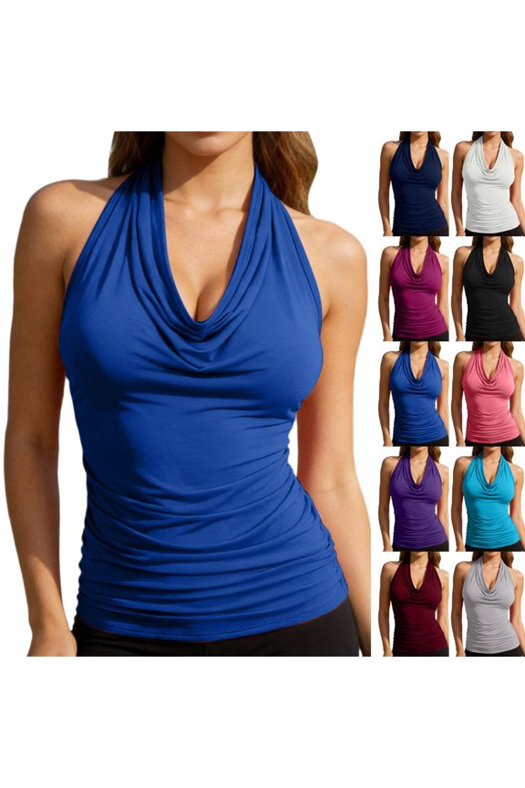 Womens Tops Women's Casual Summer Sleeveless Neck Draped Front Backless Tank Top Women Tank Tops BU2 M