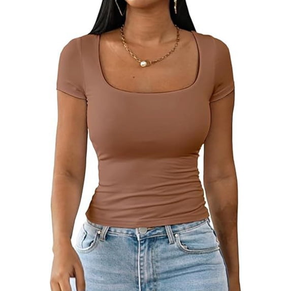 Fgnfyis Womens Tops Women's Fashion Shaping U Neck T Shirt Fashion Casual Solid Color Short Sleeve T Shirt T Shirts for Women Brown XL