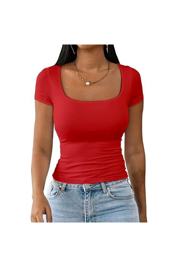 Womens Tops Women's Fashion Shaping U Neck T Shirt Fashion Casual Solid Color Short Sleeve T Shirt T Shirts for Women Red XXL