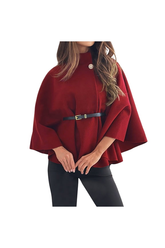 Womens Winter Elegant Solid Color Waist Tie Wool Blend Cloak Coat Stylish Warm Outerwear Red