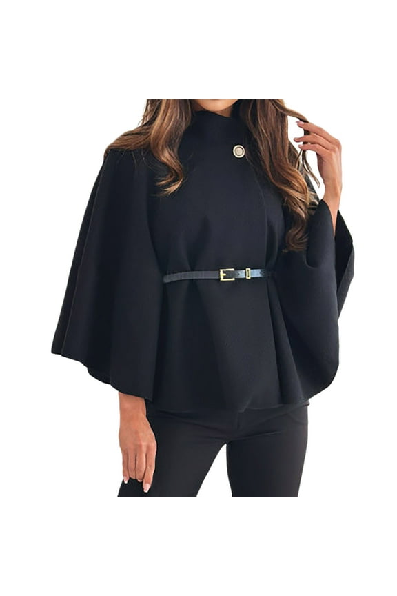 Womens Winter Fashion Elegant Solid Color Waist Tie Wool Blend Cloak Coat Stylish Outerwear with Belt Black