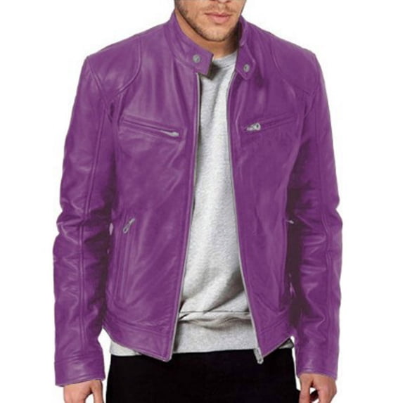 Fgnfyis Work Jackets for Men Casual Winter Warm Thickening Coat Pu Leather Jacket with Stand Collar Zipper and Pockets Men Winter Jacket Purple XXL