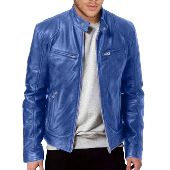 Fgnfyis Work Jackets for Men Casual Winter Warm Thickening Coat Pu Leather Jacket with Stand Collar Zipper and Pockets Men Winter Jacket Sky Blue XXL