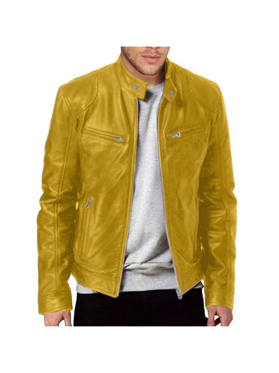 Work Jackets for Men Casual Winter Warm Thickening Coat Pu Leather Jacket with Stand Collar Zipper and Pockets Men Winter Jacket Yellow XXXL