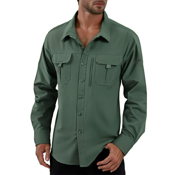 Fgnfyis Work Jackets for Men Long Sleeve Fishing Shirt Travel Work Shirt Summer Button Down Casual Mens Coats Army Green XXXL