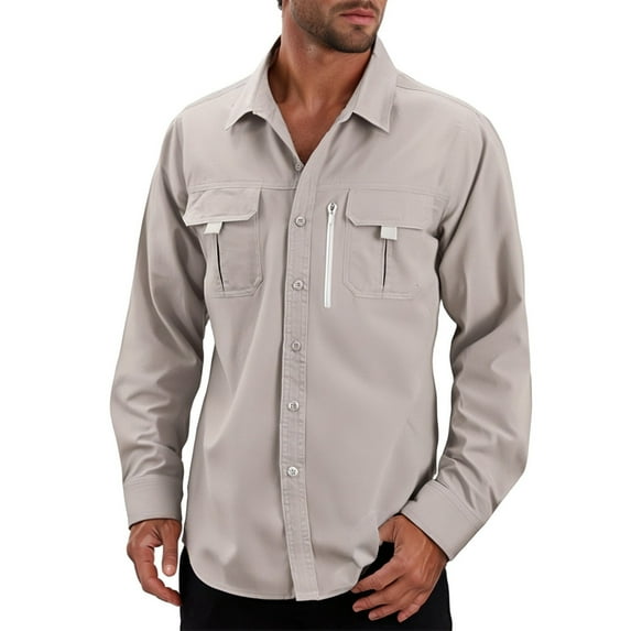 Fgnfyis Work Jackets for Men Long Sleeve Fishing Shirt Travel Work Shirt Summer Button Down Casual Mens Coats Beige L