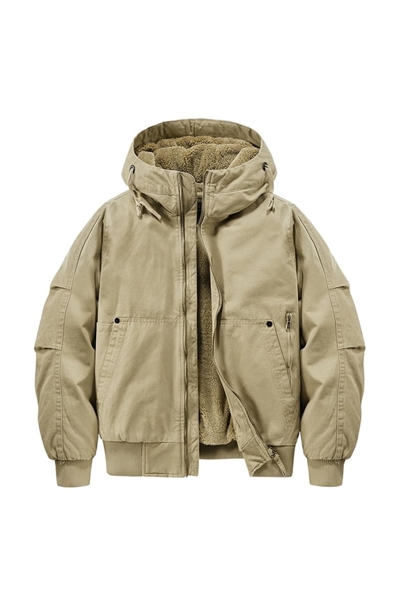 Work Jackets for Men Winter Hooded Drawstring Adjustable Workwear Jacket Warm Padded Coat Mens Jacket Khaki XXXXL