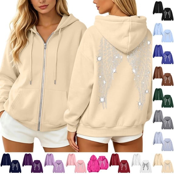 Fgnfyis Zip up Hoodie Women Loose Fit Rhinestone Design Back Print Zip up Sweatshirt Jacket Long Sleeve Casual Sweatshirts for Women Khaki_002 XL