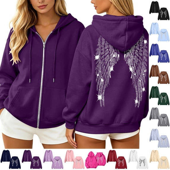 Fgnfyis Zip up Hoodie Women Loose Fit Rhinestone Design Back Print Zip up Sweatshirt Jacket Long Sleeve Casual Sweatshirts for Women PP1_002 S