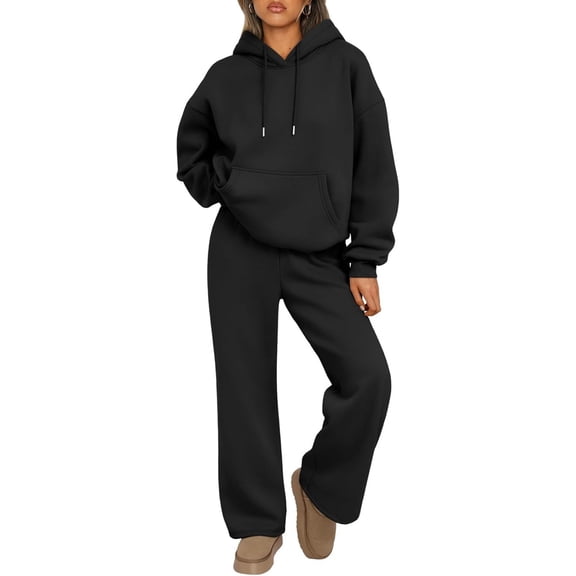 Fgvctg 2 Piece Sets for Women Winter Sweatsuits Cozy Jogger Sweatpant Comfy Fleece Tracksuits Oversized Sweatshirt Lounge Hoodies with Pockets Black L