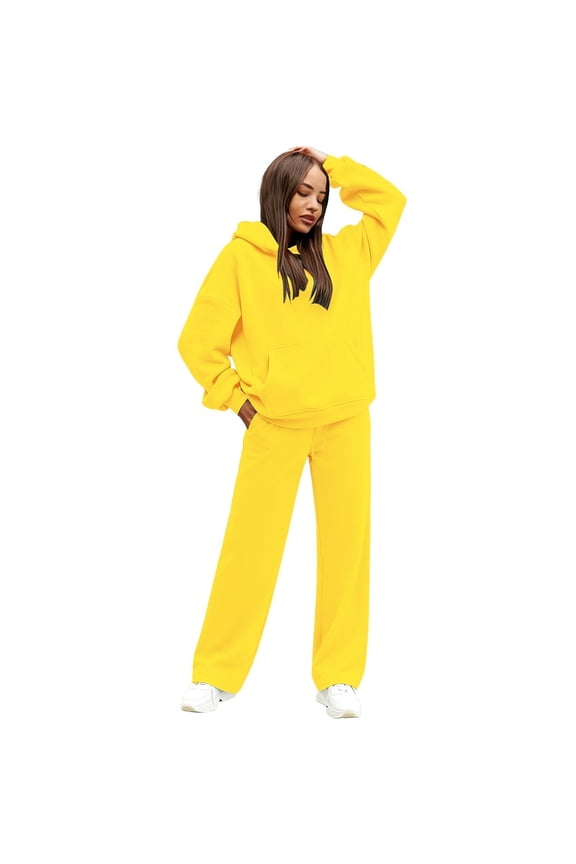 2 Piece Sets for Women Spring Sweatsuits Warm Jogger Sweatpant Comfy Soft Tracksuits Oversized Sweatshirts Lounge Hoodie with Pockets Yellow M