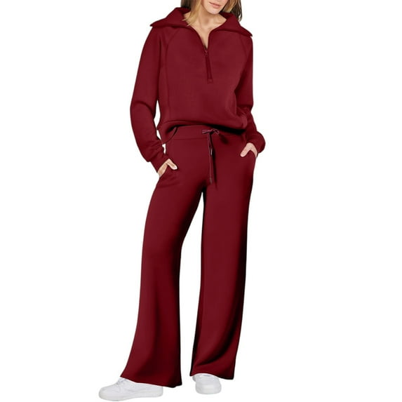 Fgvctg 2 Piece Sets for Women Tracksuit Sets Half Zip Sweatshirt Fleece Wide Leg Sweatpants Fall Warm Jogger Lounge Sweatsuit with Pockets Deep Red S