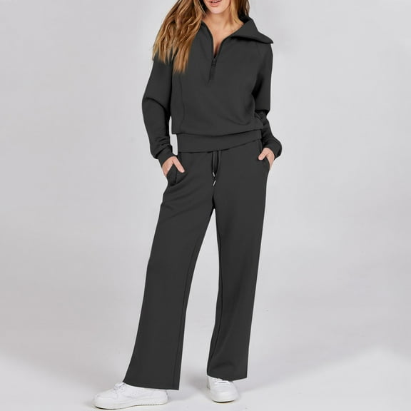 Fgvctg 2 Piece Sets for Women Tracksuits Sets Half Zip Sweatshirt Fleece Wide Leg Sweatpants Fall Comfy Jogger Lounge Sweatsuits with Pockets Black S