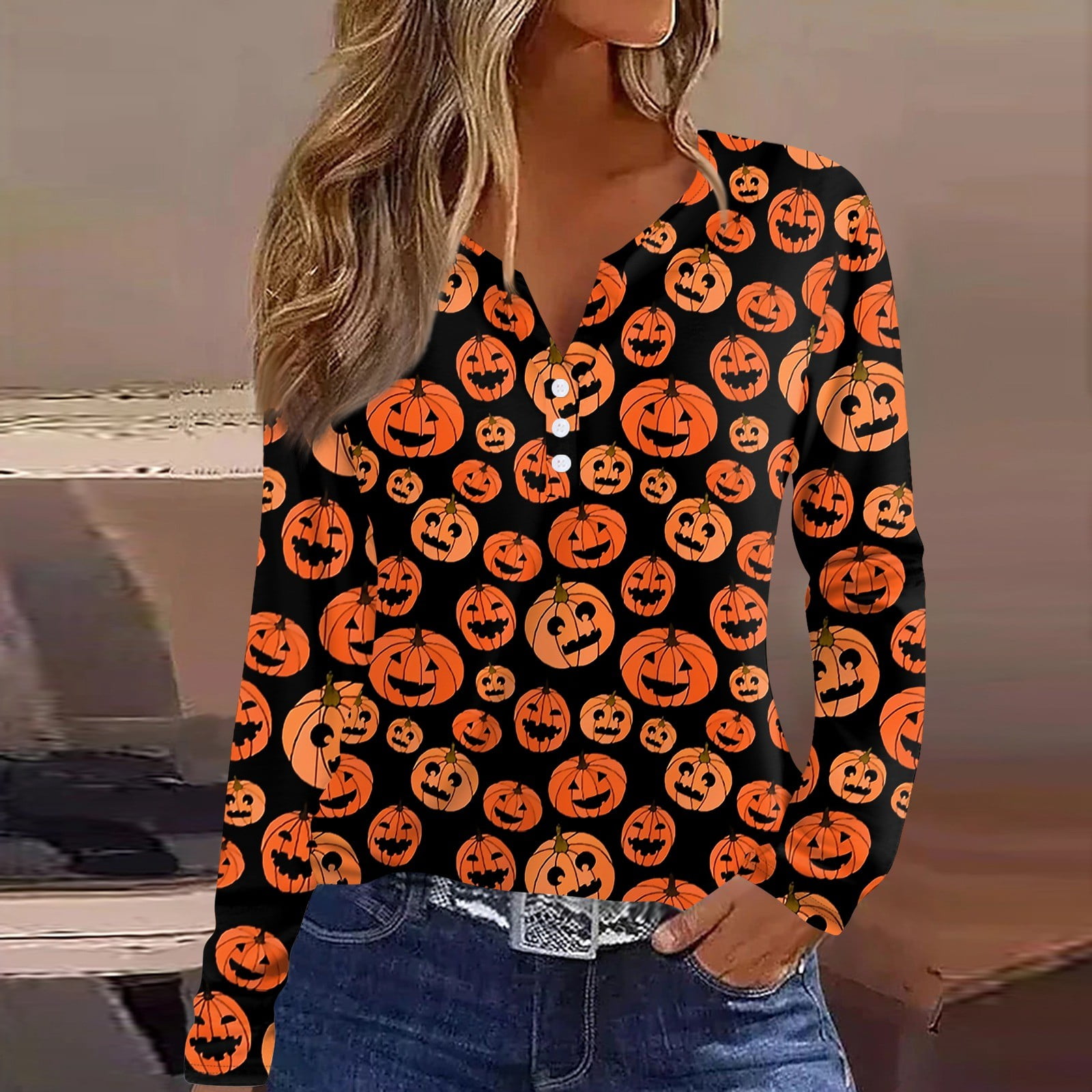 Fgvctg 2024 Halloween Shirts for Women Scary Cute Print Long Sleeve