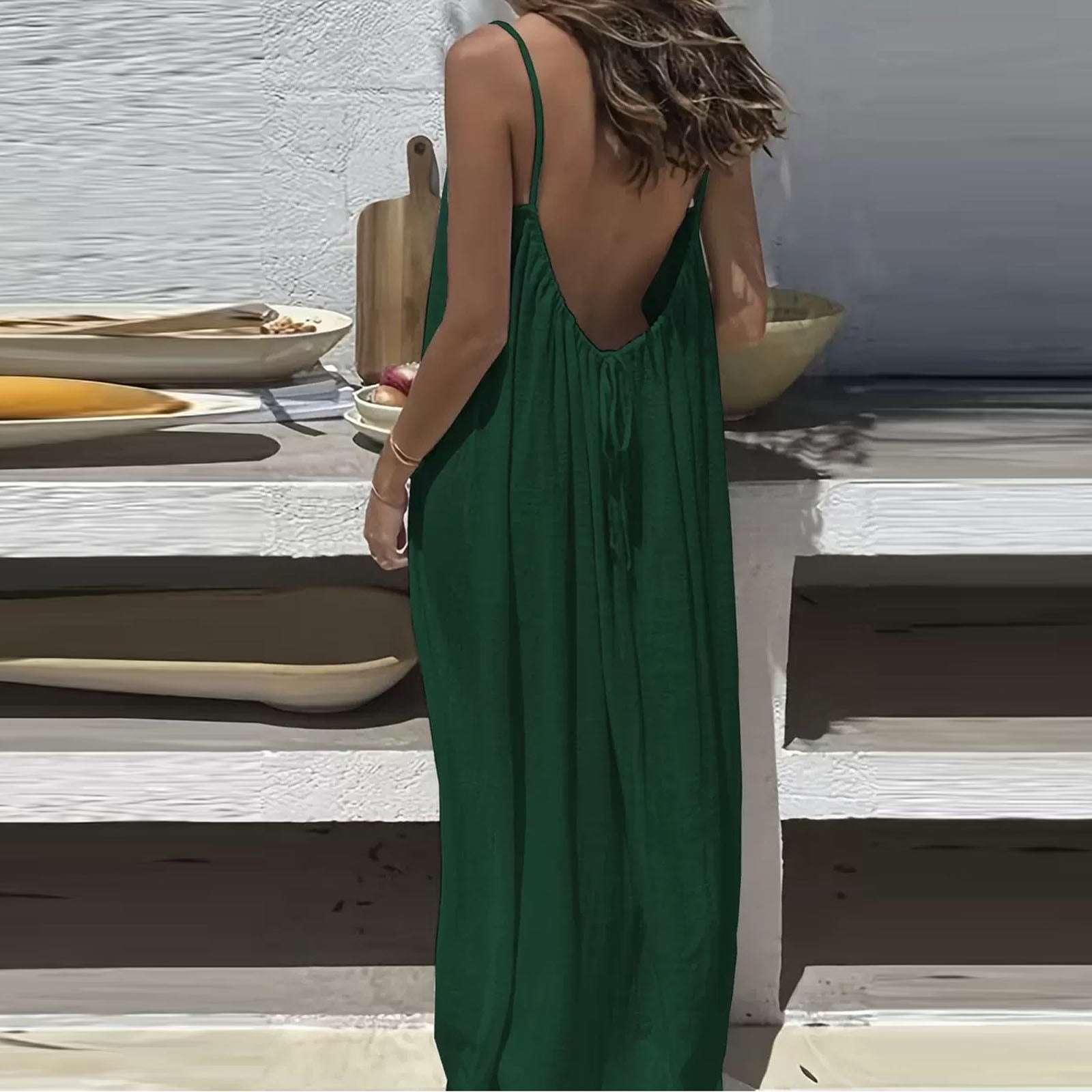 Fgvctg Backless Dress for Women Casual Solid Color Spaghetti Cami Dresses Plus Size Sleeveless Long Lounge Dress Summer Long Sundress with Back Tie