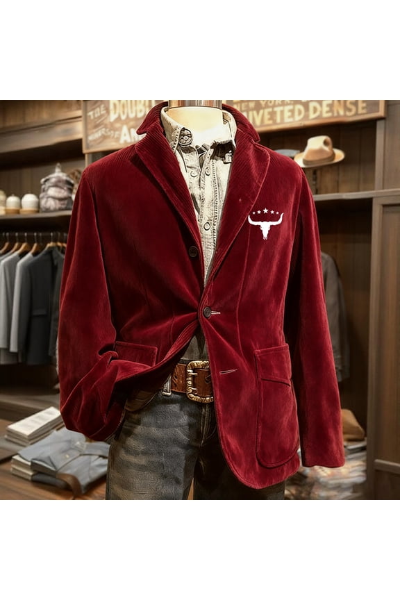 Blazer Suit for Men Corduroy Slim Fit Lapel Blazers Suit Vintage Two Buttons Holiday Party Jacket Warm Sport Coat Button Down Winter Outerwear with Pockets Red 3XL