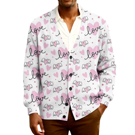 Fgvctg Cardigan Sweaters for Men Valentine's Day Love Heart Graphic Sweater Long Sleeve Casual Coats Ribbed Knit Button Down Pretty Spring Clothing Light pink XL