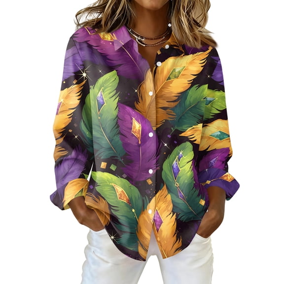 Fgvctg Carnival Party Long Sleeve Button Down Shirts for Women Cotton Shirts Soft Mask Print Collared Blouses Oversized Business Casual Tops Green S