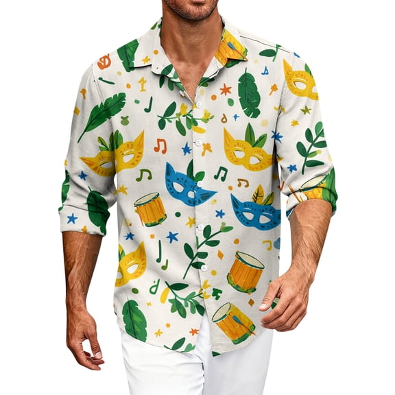 Fgvctg Carnival Party Long Sleeve Button Down Shirts for Men V Neck Shirts Dressy Mask Print Collared Blouses Oversized Business Casual Outfits White XL