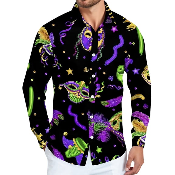 Fgvctg Carnival Party Long Sleeve Shirts for Men Button Down V Neck Shirt Collared Funny Blouses Mask Print Plus Size Business Casual Outfits Black 3XL