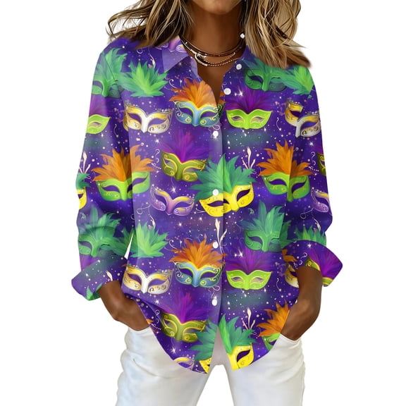 Fgvctg Carnival Party Long Sleeve Shirts for Women V Neck Button Down Blouses Casual Mask Print Shirt Oversized Collared Business Casual Tops Orange S