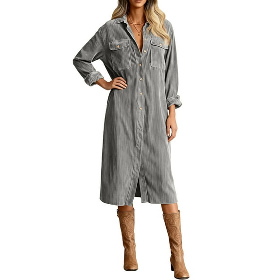 Fgvctg Corduroy Dress for Women Button Down Long Sleeve Shirt Dresses Pleated Vintage Work Dress Fall Winter Oversized Lapel Long Dress with Pockets Light Gray XL