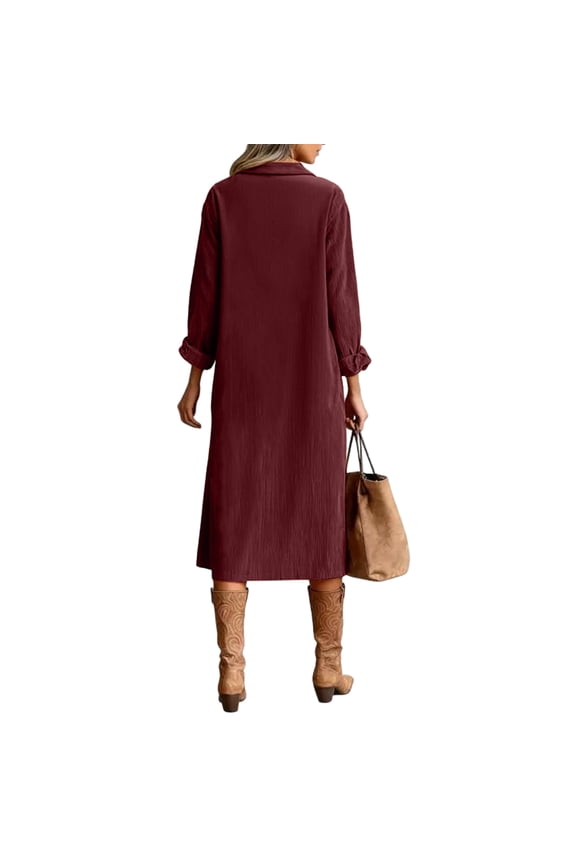 Corduroy Dress Womens Button Down Long Sleeve Shirt Dresses Soft Vintage Tunic Work Dress Winter Loose Lapel Midi Dress with Pockets Wine M