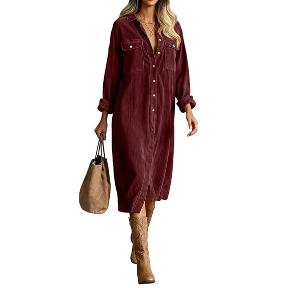 Fgvctg Corduroy Midi Dresses for Women Button Down Long Sleeve Shirt Dresses Dressy Oversized Lapel Collared Dress Fall Vintage Shift Dress with Pockets Wine 2XL