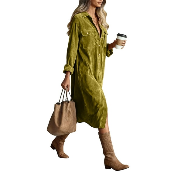 Fgvctg Corduroy Women's Dresses Button Down Long Sleeve Shirt Dresses Casual Vintage Business Dress Fall Lightweight Lapel Shift Dress with Pockets Yellow L
