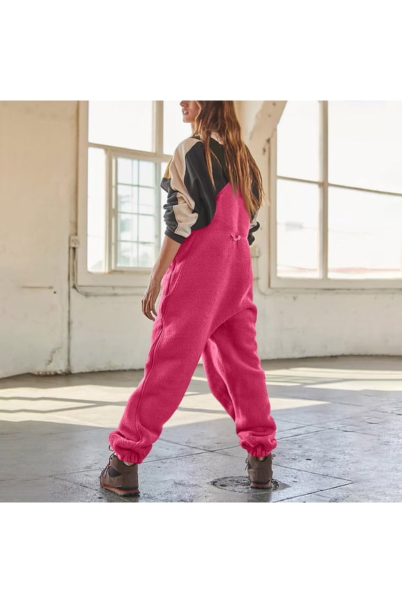 Dressy Jumpsuits For Women Sleeveless Adjustable Straps Overalls Dressy Baggy Fuzzy Sherpa Bib Overalls Romper Fall Winter Pants With Pockets Hot Pink S