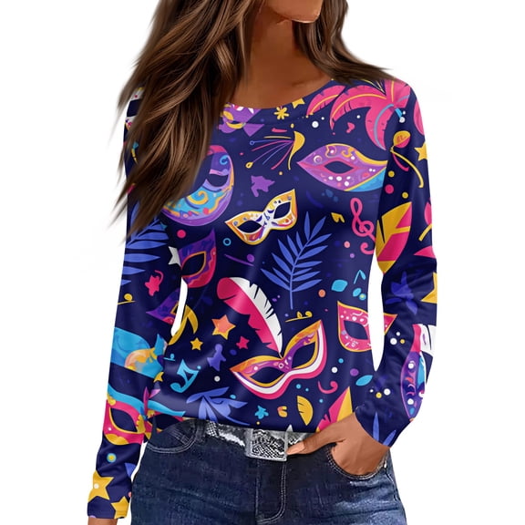 Fgvctg Dressy Tops for Women Mardi Gras Dressy Casual Long Sleeve Crewneck Top Carnival Party Pullover Shirt Plus Size Mask Graphic Celebration Blouse Dark Blue S
