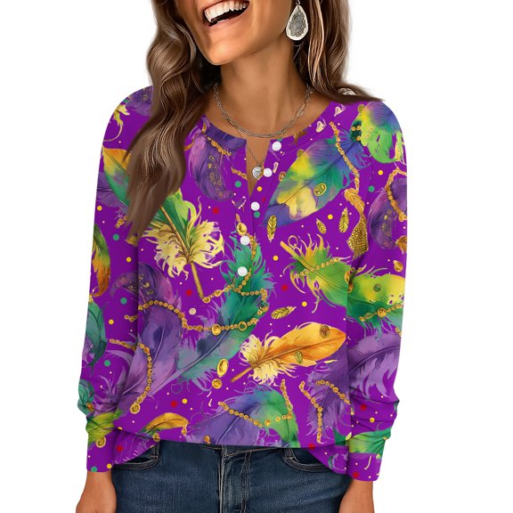 Fgvctg Dressy Tops for Women Mardi Gras Dressy Casual Long Sleeve V Neck Tops Flowy Carnival Party Pullover Shirt Oversized Mask Graphic Celebration Blouse Purple M