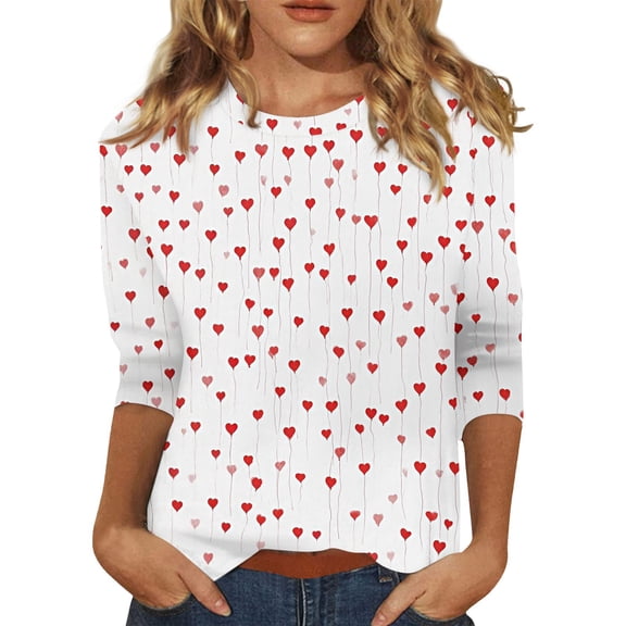 Fgvctg Dressy Tops for Women Valentine's Day Casual 3/4 Length Sleeve Crewneck Tops Romantic Date Night Pullover Shirt Oversized Love Heart Print Half Sleeve Blouse White 3XL