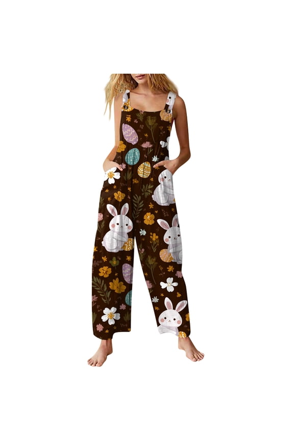 Easter Dressy Jumpsuits for Women Wide Leg Pant Easter Eggs Spaghetti Straps Adjustable Bunny Print Jumpsuits Sleeveless Bib Overalls Spring Rompers Clothes With Pockets Brown M