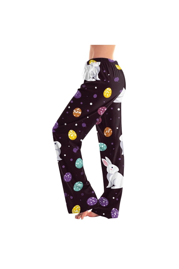 Easter Women's Pajamas Trendy Bunny Graphic Wide Leg Pajama Sleepwear High Waisted Pj Pants Oversized Fall Easter Eggs Spring Drawstring Lounge Pants with Pockets Purple 2XL