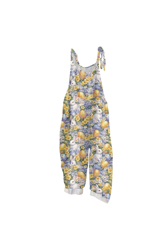 Easter Womens Jumpsuits Wide Leg Pant Happy Overall Bunny Print Sleeveless Easter Eggs Spaghetti Straps Jumpsuit Romper Bib Overalls Loose Spring Pant With Pockets Yellow L