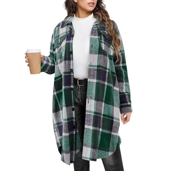 Fgvctg Flannel Jackets for Women Casual Long Plaid Trench Coats Lapel Button Down Wool Blend Shacket Jacket Long Sleeve Winter Outwear Coats Dark Green XL