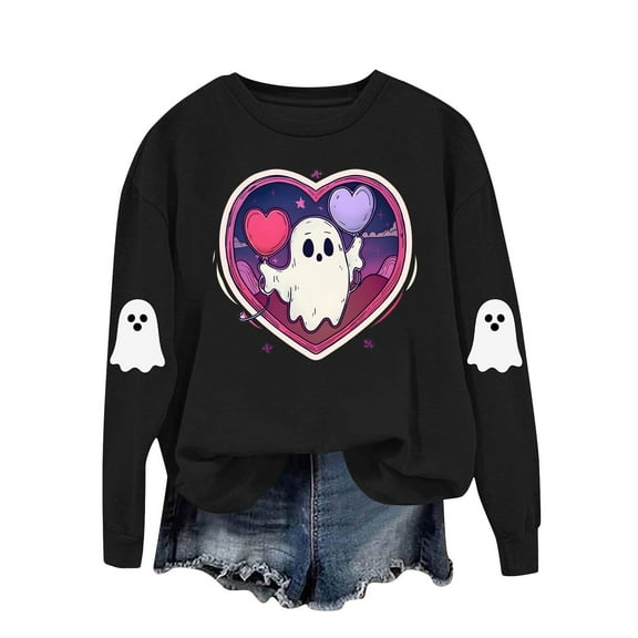 Fgvctg Graphic Sweatshirts Long Sleeve Spooky Sweatshirt Black Winter Tops Women Oversized Clothing Halloween Ghost Womens Outfits Trendy Crewneck Sweatshirts Black 3XL
