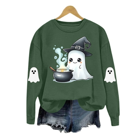 Fgvctg Halloween Crewneck Sweatshirt Spooky Women Clothes Oversized Halloween Tops Essentials Crewneck Sweatshirt Fall Pullover Lightweight Fit Army Green 2XL