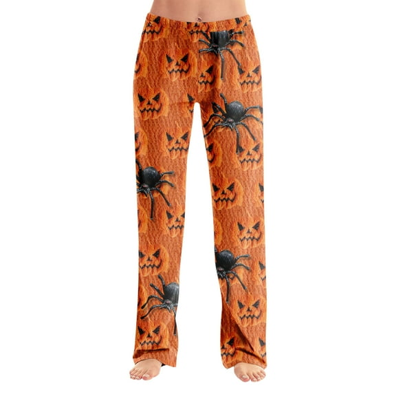 Fgvctg Halloween Sweatpants Spandex PajamaHalloween pumpkin Print Pj Women Pants Tummy Control Legging Fall Saffron Outfits with Pockets Saffron XL