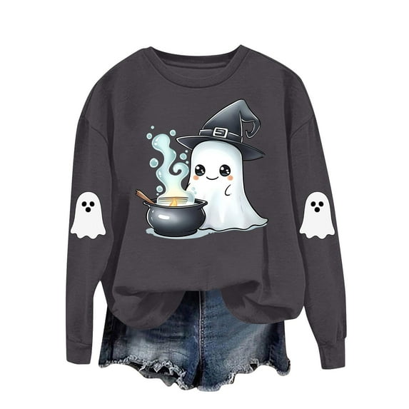 Fgvctg Halloween Sweatshirt for Women Fall Sweatshirt Girls Oversized Gray Ghost Tops Halloween Loose Clothing Long Sleeve Crewneck Womens Outfits Funny Fit Gray L