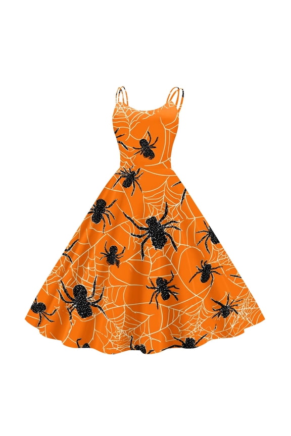 Halloween Tea Party Dresses for Women Dinner Cocktail 50s Tea Dress Pumpkin Ghost Witch Graphic Crewneck Dresses A-Line Halloween Sleeveless Clothing Soft Outfit Yellow 2XL