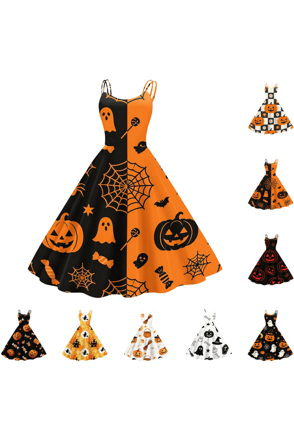 Halloween Womens Plus Size Cocktail Dress Crewneck Cocktail Dresses Pumpkin Ghost Witch Print Soft 50's Dress Spaghetti Strap Sleeveless Plus Size Clothing Fluorescence Yellow S