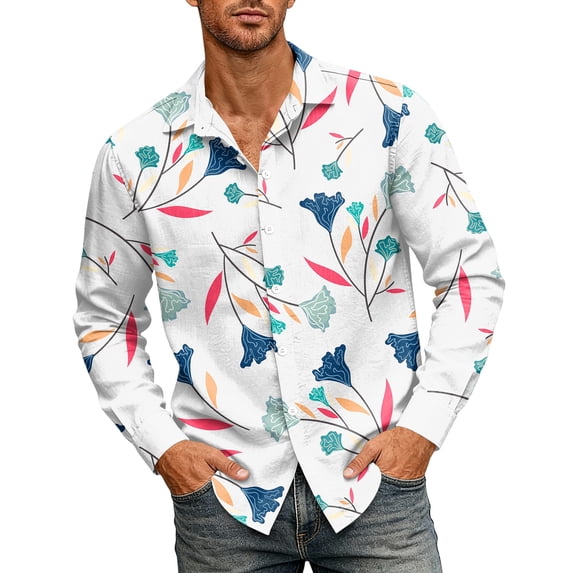 Fgvctg Hawaiian Beach Shirts for Men Tropical Printed Summer Beach Shirt Lightweight Button Down Long Sleeve Shirts Casual Fashion Vacation Outfit White S