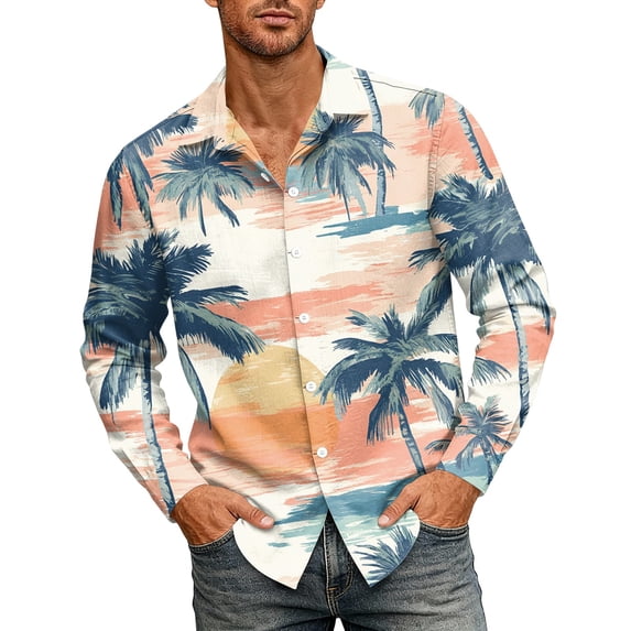 Fgvctg Hawaiian Button Down Shirt Men Tropical Printed Summer Beach Shirts Loose Button Down Long Sleeve Shirt Casual Fashion Vacation Clothes Green L
