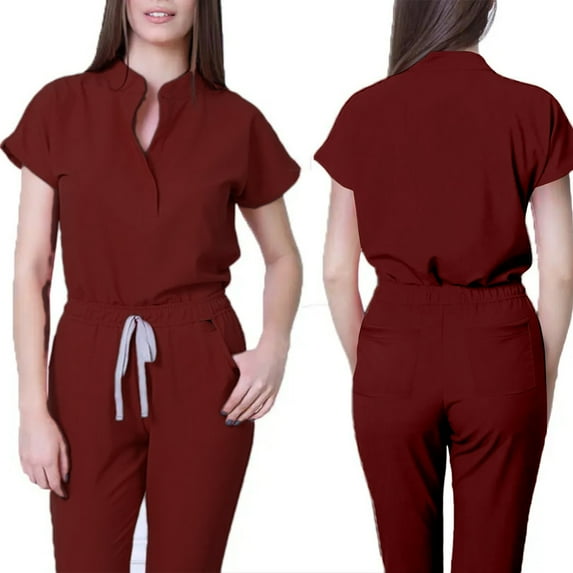 Fgvctg Jogger Scrubs for Women Plus Size Nurse Uniforms Petite V-Neck Yoga Scrub Pants and Tops Scrub Sets Medical Uniforms Med Couture Scrubs Wine L